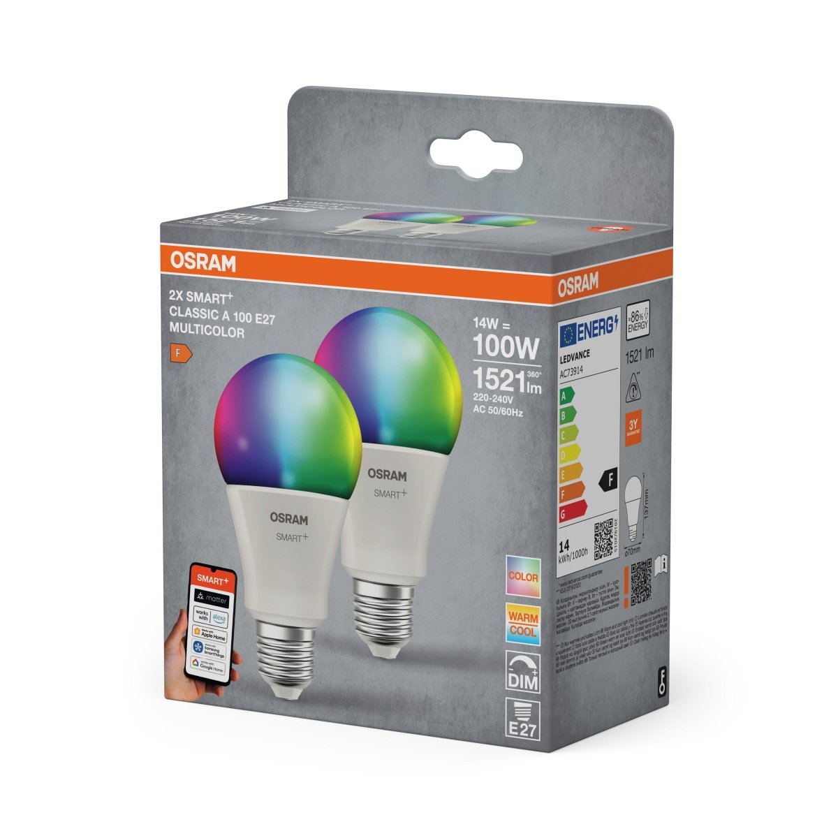 4099854495731 - Smart LED žárovka SMART+ MATTER Classic A100, 14W, Nastavitelná bílá + RGB, E27, Duo Pack - Czechia LEDVANCE e - shop