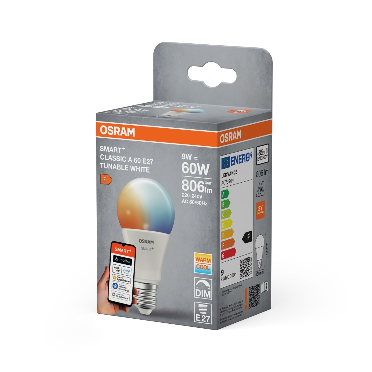 Smart LED žárovka SMART+ MATTER Classic A60, 9W, Nastavitelná bílá, E2