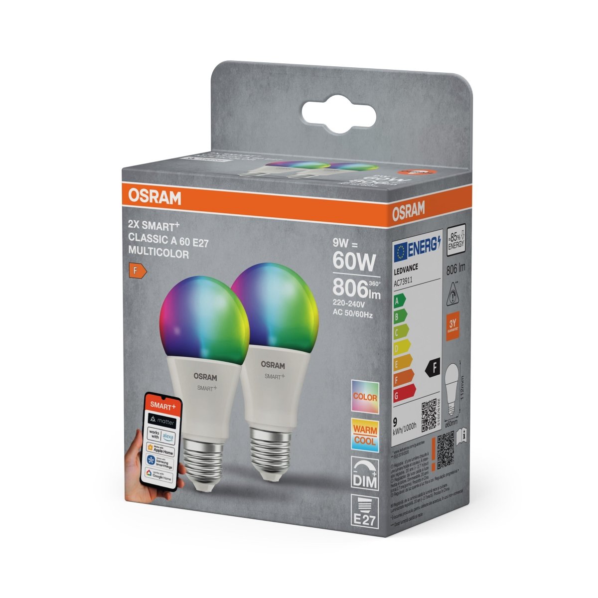 Smart LED žárovka SMART+ MATTER Classic A60, 9W, Nastavitelná bílá + R