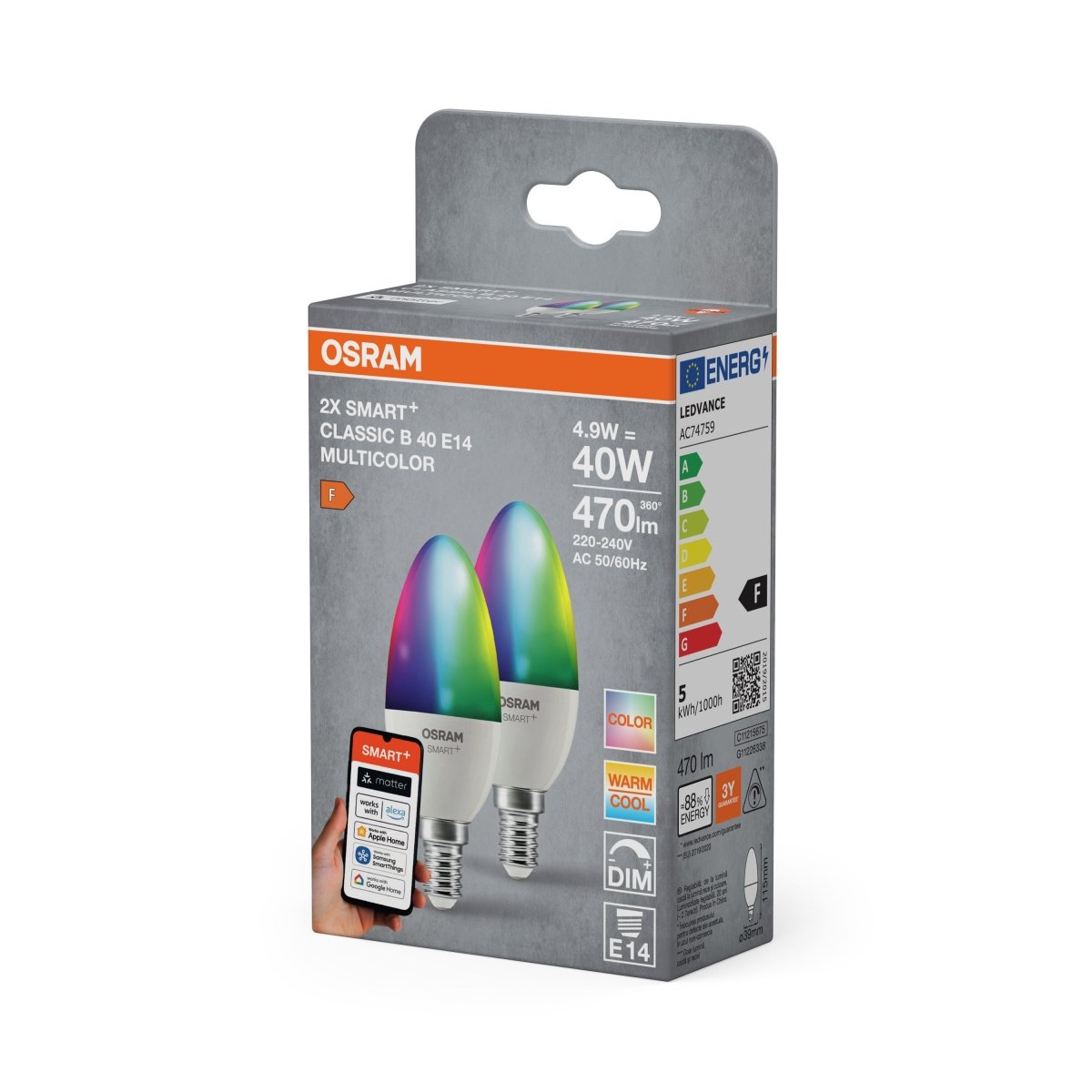 Smart LED žárovka SMART+ MATTER Classic B40, 4.9W, Nastavitelná bílá