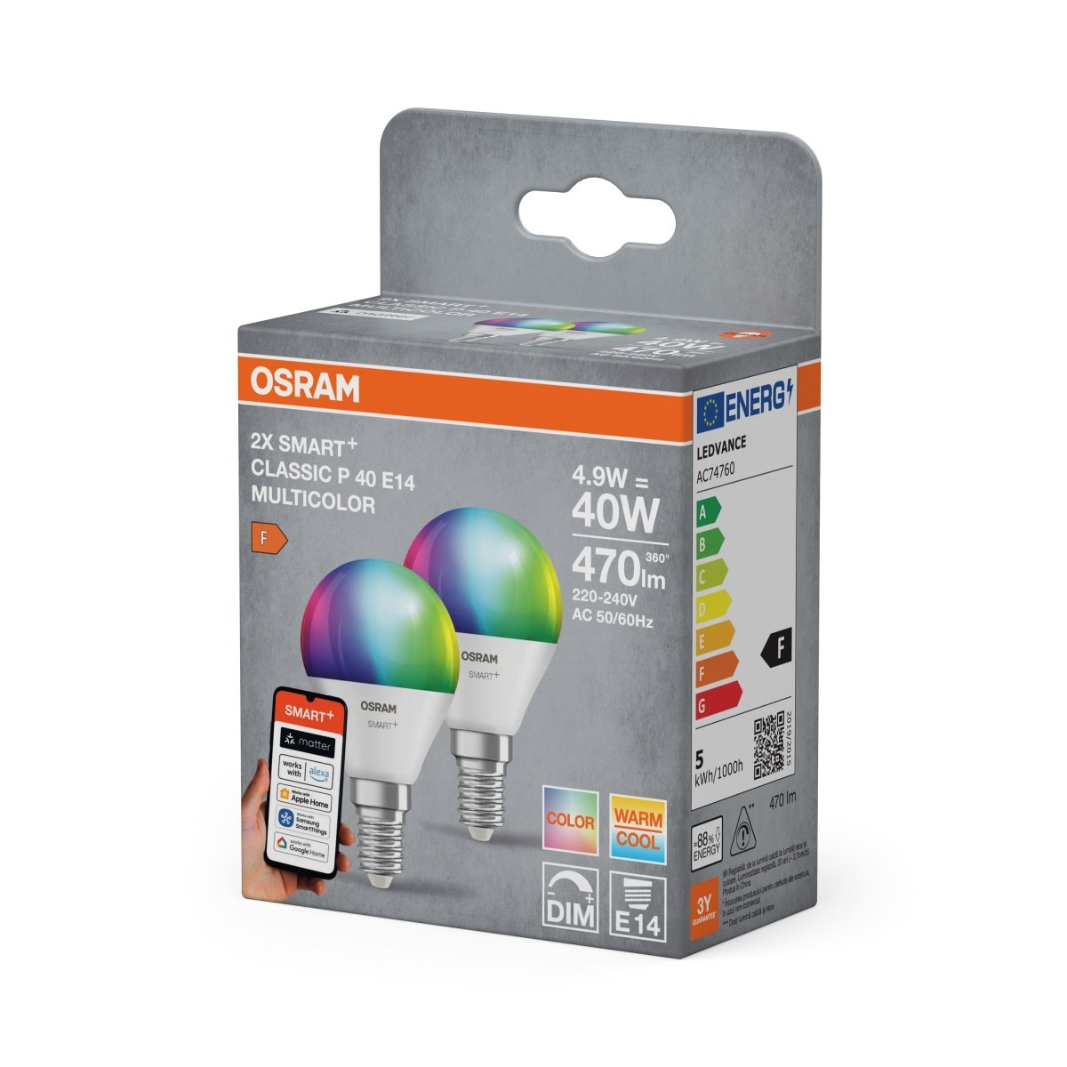 Smart LED žárovka SMART+ MATTER Classic P40, 4.9W, Nastavitelná bílá
