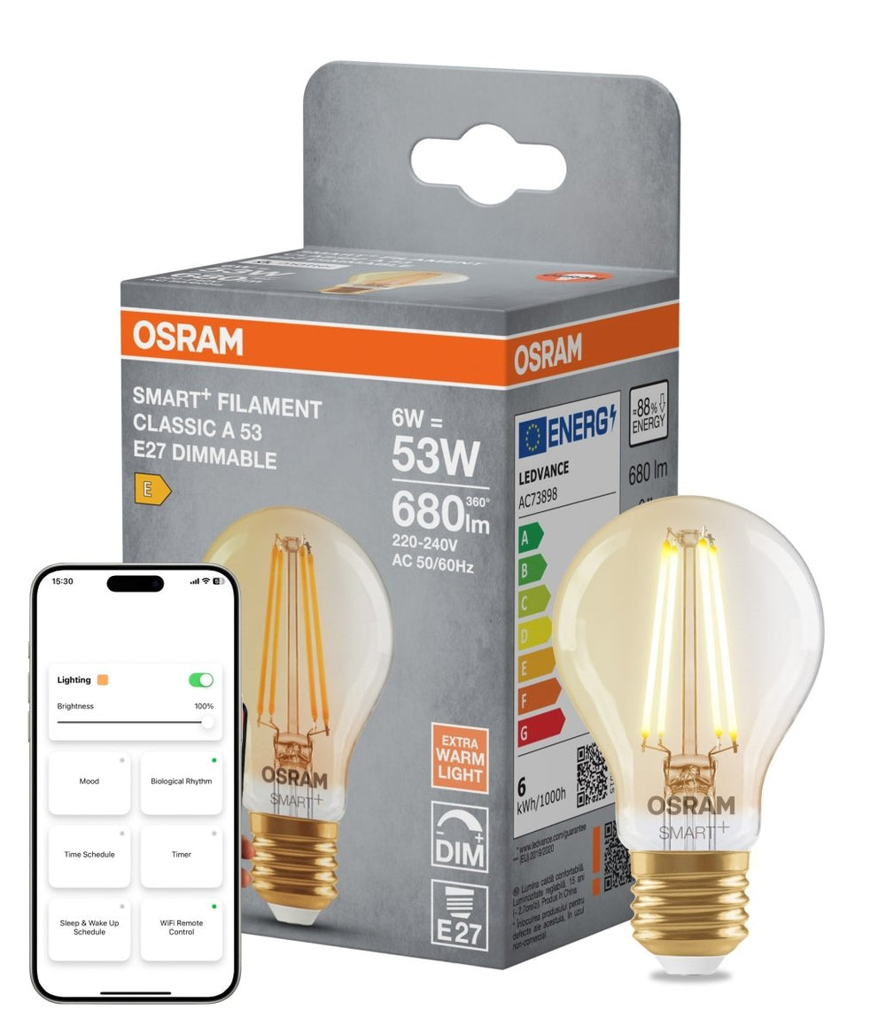 Smart LED žárovka SMART+ MATTER Filament Classic A53, 6W, Teplá bílá, Zlatá, E27