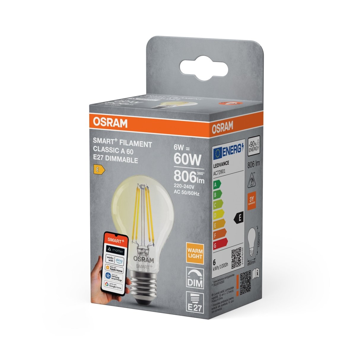 4099854530005 - Smart LED žárovka SMART+ MATTER Filament Classic A60, 6W, Teplá bílá, E27 - Czechia LEDVANCE e - shop