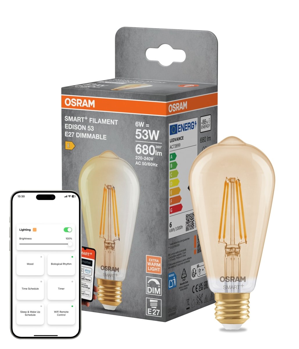 4099854530104 - Smart LED žárovka SMART+ MATTER Filament Classic Edison 53, 6W, Teplá bílá, Zlatá, E27 - Czechia LEDVANCE e - shop