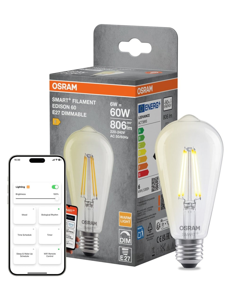 Smart LED žárovka SMART+ MATTER Filament Classic Edison 60, 6W, Teplá bílá, E27