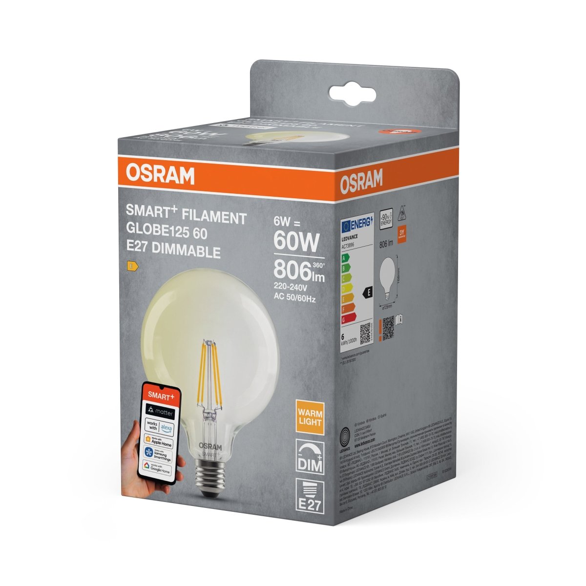 Smart LED žárovka SMART+ MATTER Filament Classic Globe, 6W, Teplá bílá