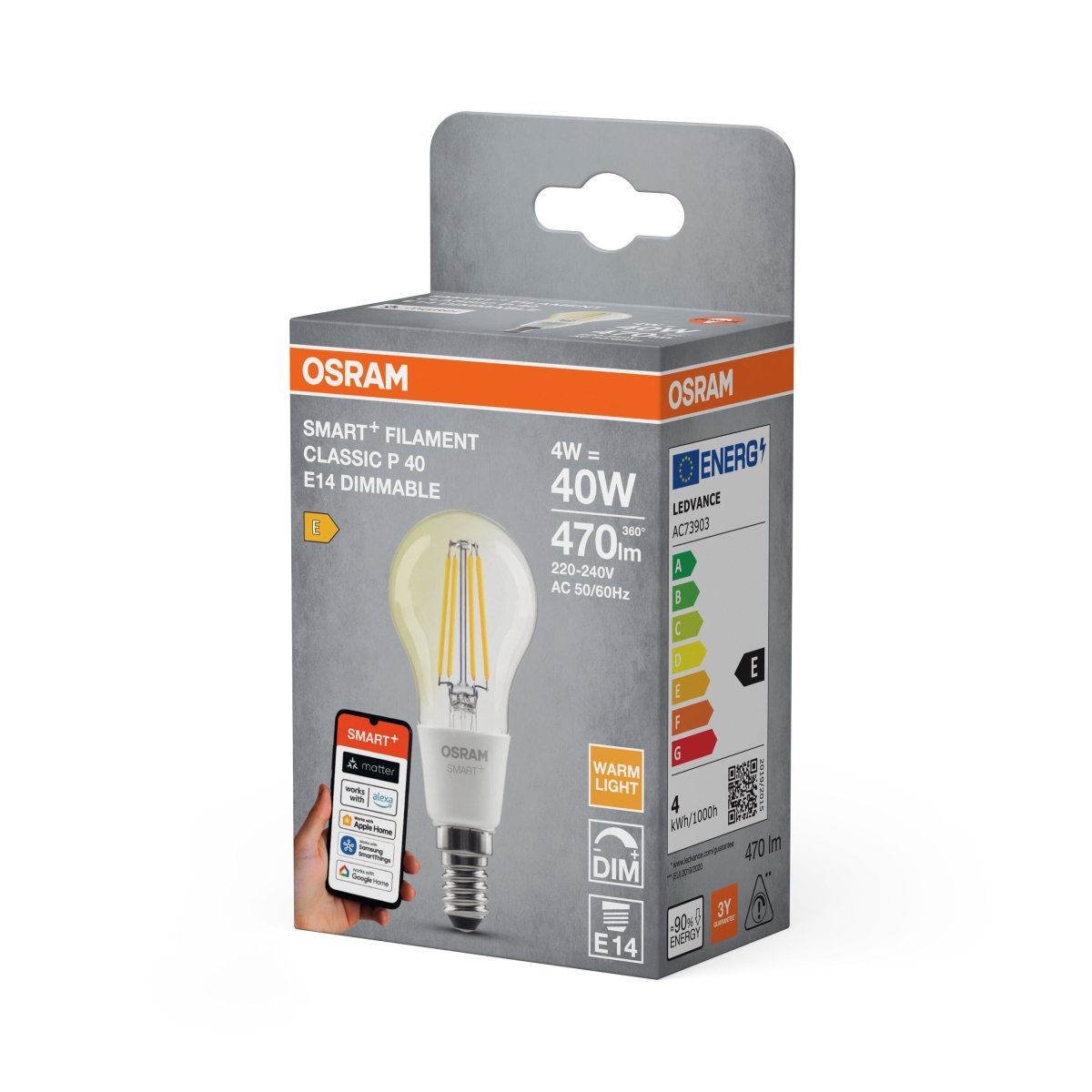 Smart LED žárovka SMART+ MATTER Filament Classic P40, 4W, Teplá bílá,