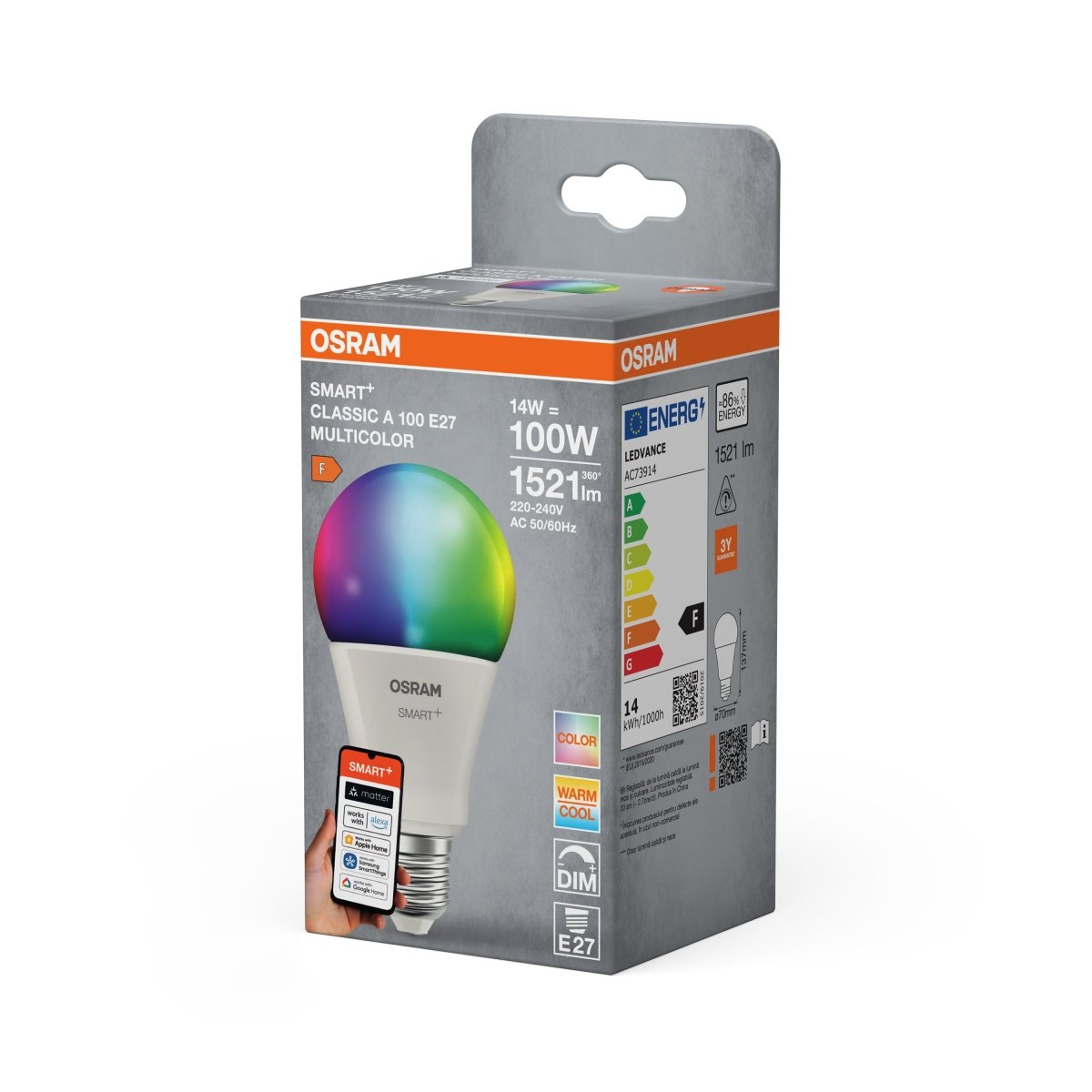 Smart LED žárovka SMART+ MATTER Multicolor Classic A100, 14W, E27