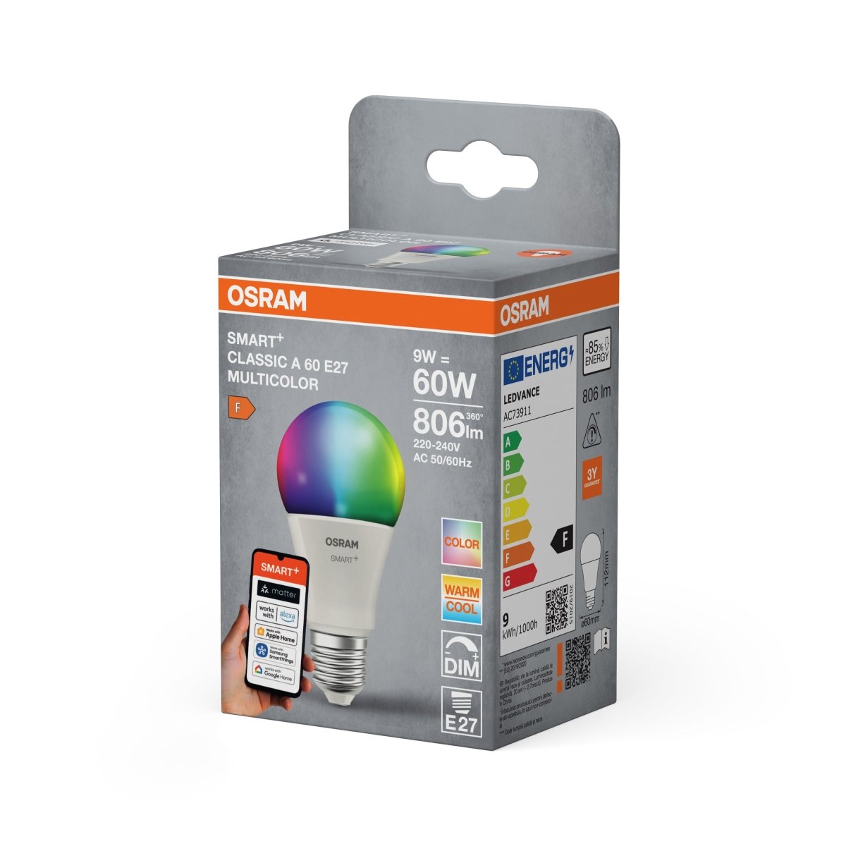 Smart LED žárovka SMART+ MATTER Multicolor Classic A60, 9W, E27