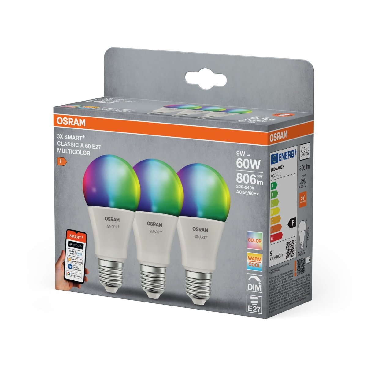 Smart LED žárovka SMART+ MATTER Multicolor Classic A60, 9W, E27, Tripl
