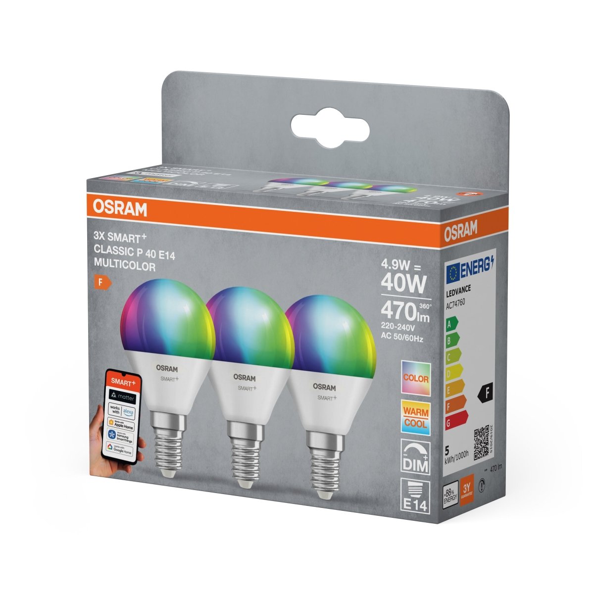 Smart LED žárovka SMART+ MATTER Multicolor Classic P40, 4.9W, E14, Tri