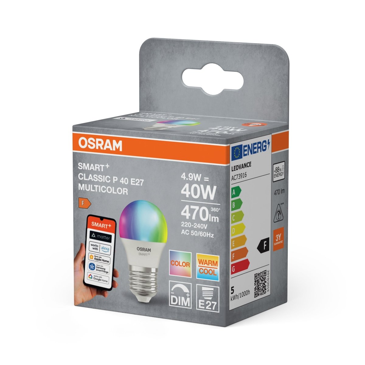 Smart LED žárovka SMART+ MATTER Multicolor Classic P40, 4.9W, E27