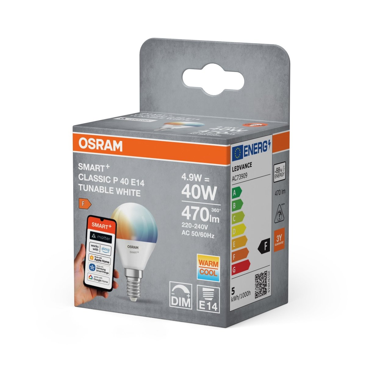 Smart LED žárovka SMART+ MATTER Tunable White Classic P40, 4.9W, E14