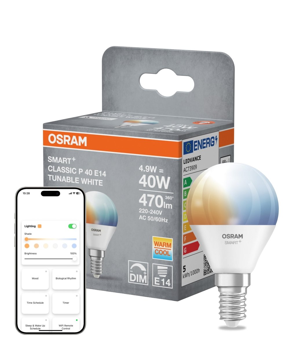 Smart LED žárovka SMART+ MATTER Tunable White Classic P40, 4.9W, E14