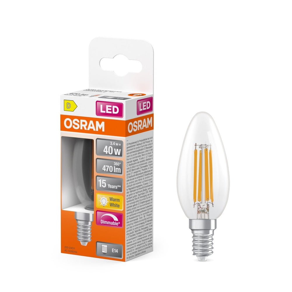 Stmívatelná LED svíčková žárovka E14 4,8 W CLASSIC B, teplá bílá OSRAM