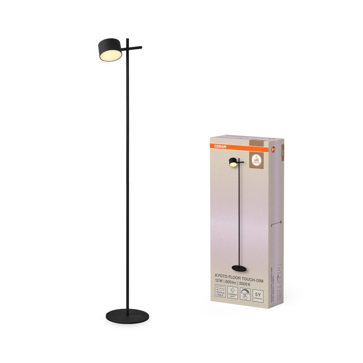 4058075846661 - Stojací lampa Kyoto, 12W, Teplá bílá, Dotykové stmívání, Černá - Czechia LEDVANCE e - shop