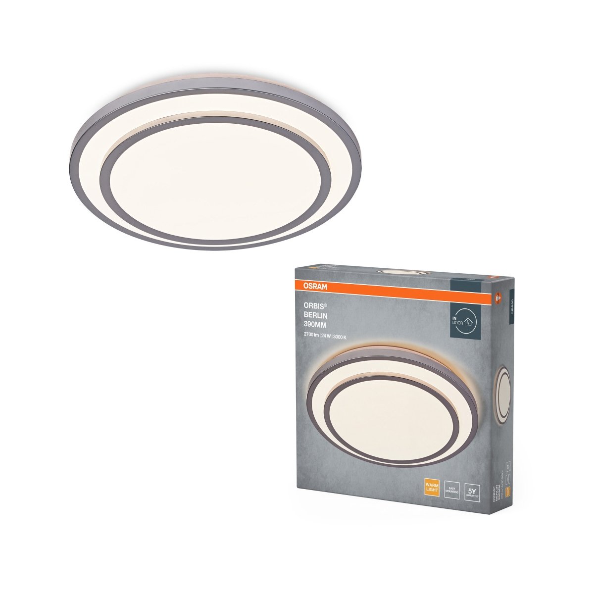 4099854446559 - Stříbrné LED stropní svítidlo 24 W BERLIN 390 mm, teplá bílá OSRAM - Stropní svítidlo - LEDVANCE e - shop