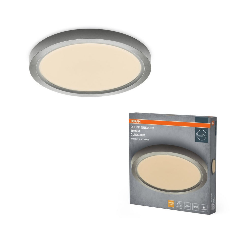 Stříbrný LED Panel ORBIS 195mm 16W Click Stmívatelný, Teplá Bílá