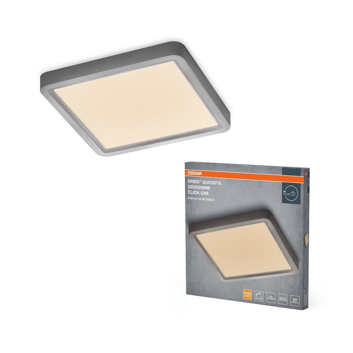 4099854604928 - Stříbrný LED Panel ORBIS 320x320mm 24W Click Stmívatelný, Teplá Bílá - LED Panel - Czechia LEDVANCE e - shop