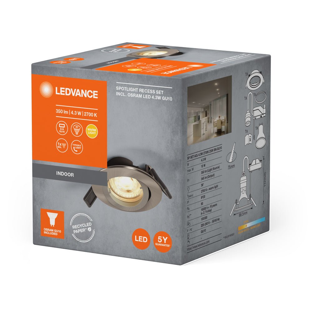 4058075573017 - Stropní LED bodovka stříbrná GU10 4.3W ECESS ADJ teplá bílá - Podhledové svítidlo - LEDVANCE e - shop