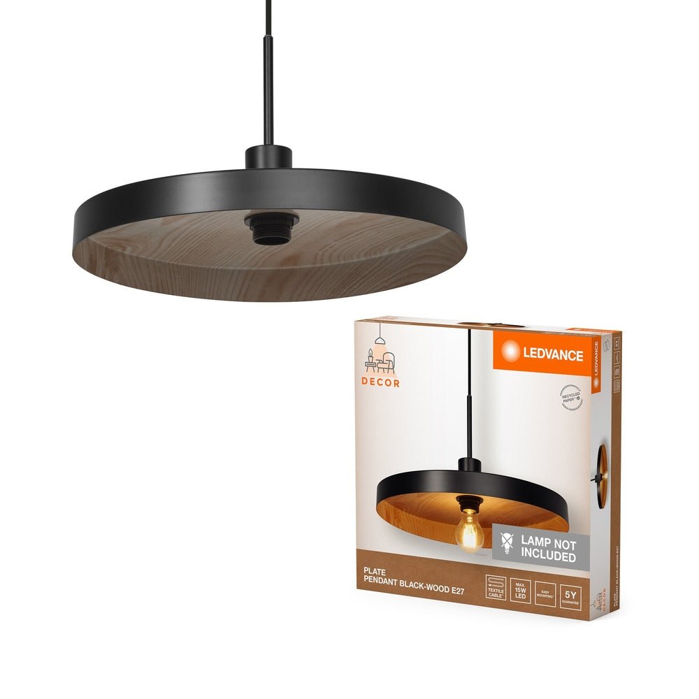 Talířový LED lustr černý/dřevo E27 PLATE PENDANT