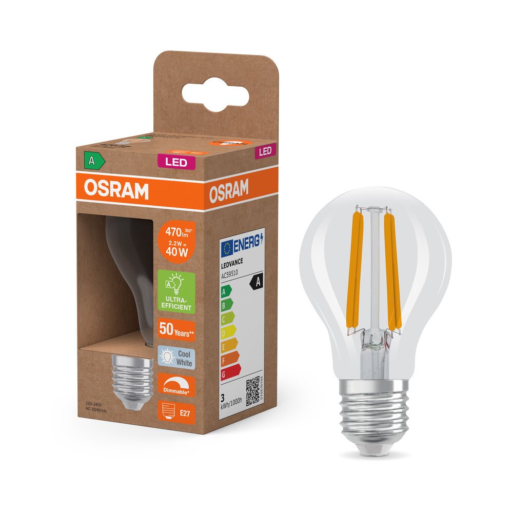 Účinná LED žárovka čirá E27 2.2W CLASSIC A40, studená bílá