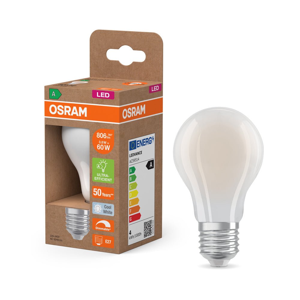 Účinná LED žárovka matná E27 3.8W CLASSIC A60, studená bílá