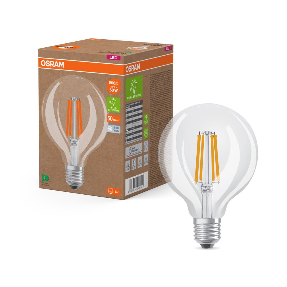 Ultra účinná LED žárovka čirá E27 3.8W GLOBE95, studená bílá