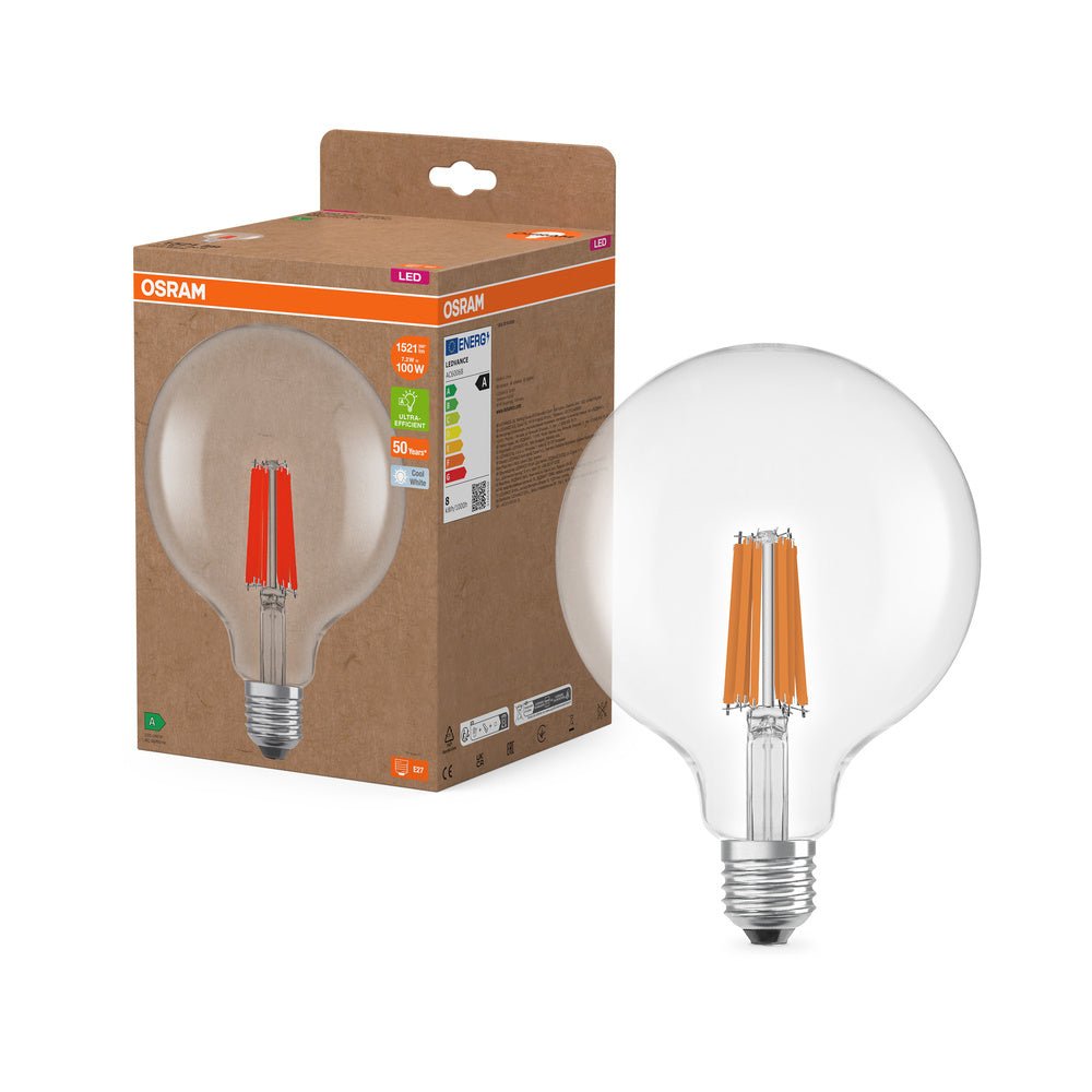 Ultra účinná LED žárovka čirá E27 7.2W GLOBE125, studená bílá