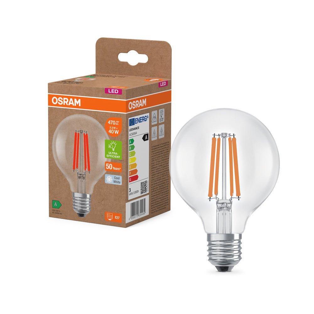 Ultra účinná LED žárovka E27 2.2W GLOBE80, studená bílá
