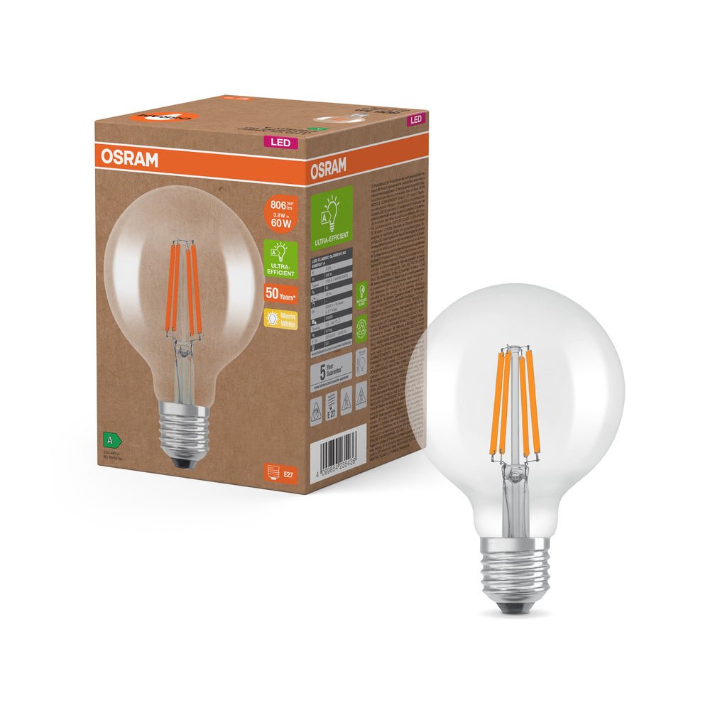 Ultra účinná LED žárovka E27 3.8W GLOBE95, teplá bílá