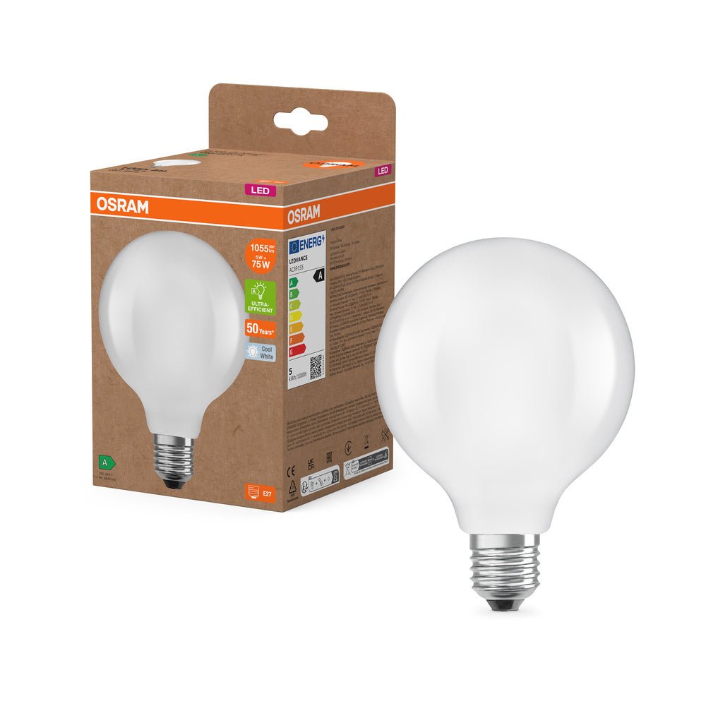 Ultra účinná LED žárovka matná E27 5W GLOBE95, studená bílá