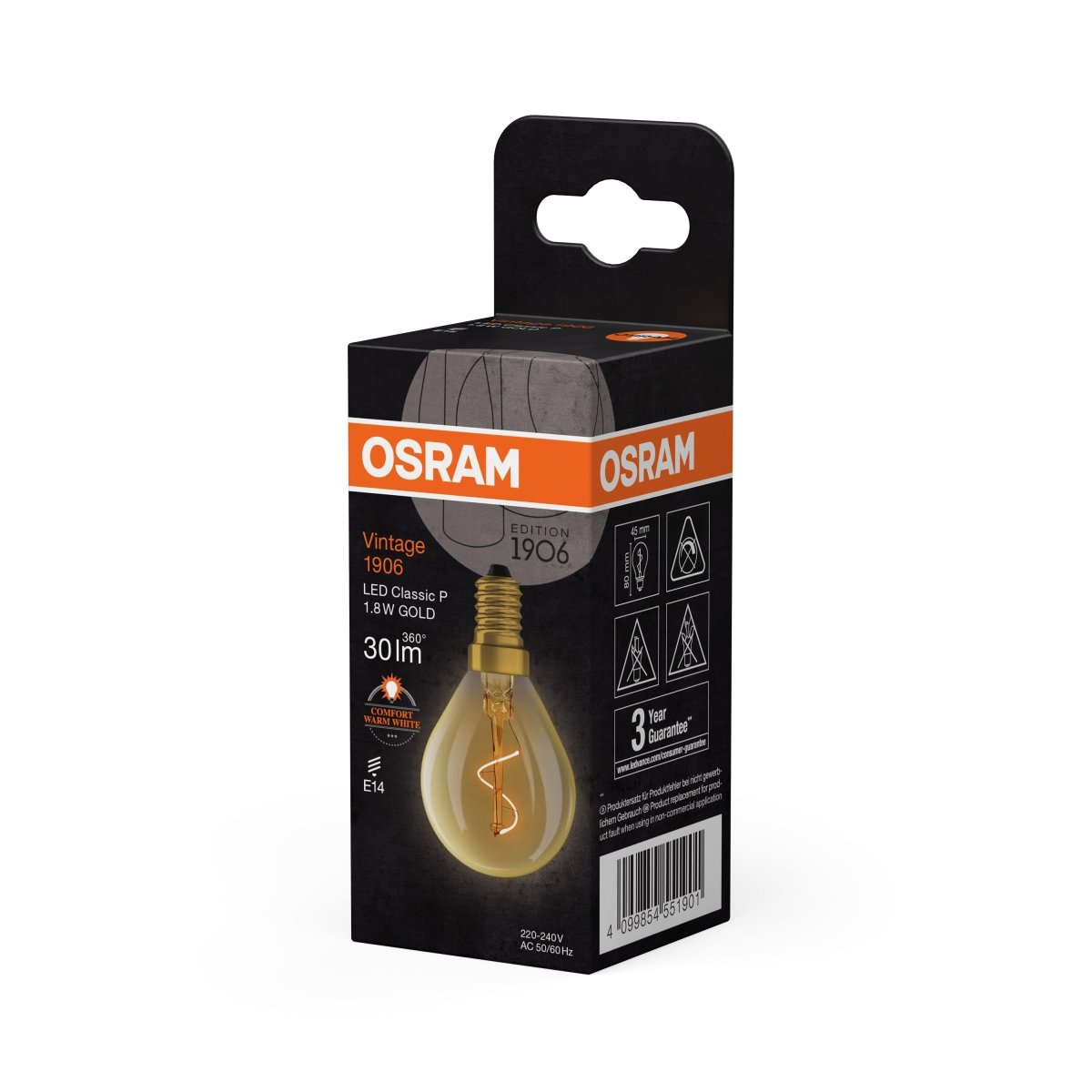 4099854551901 - Vintage LED žárovka 1906 Classic P Spiral Filament, 1.8W, Teplá bílá, Zlatá, E14 - Czechia LEDVANCE e - shop