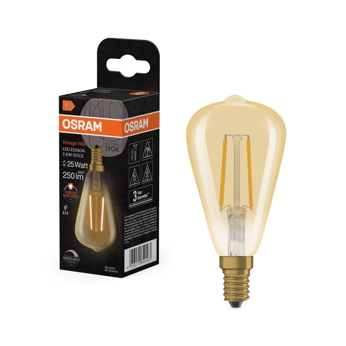 4058075849563 - Vintage LED žárovka 1906 Edison Filament DIM, 2.8W, Teplá bílá, Zlatá, E14 - Czechia LEDVANCE e - shop