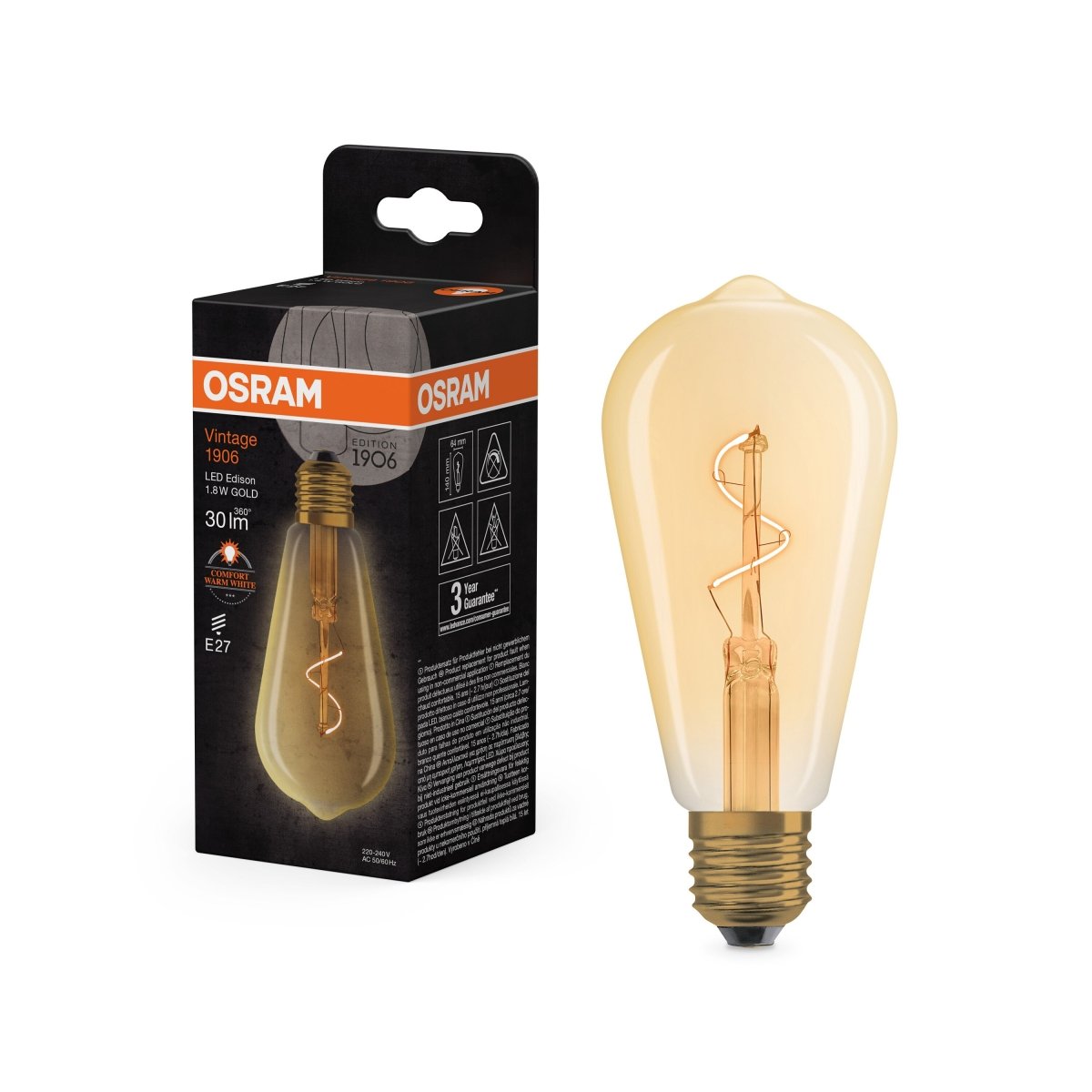 4099854551840 - Vintage LED žárovka 1906 Edison Spiral Filament, 1.8W, Teplá bílá, Zlatá, E27 - Czechia LEDVANCE e - shop