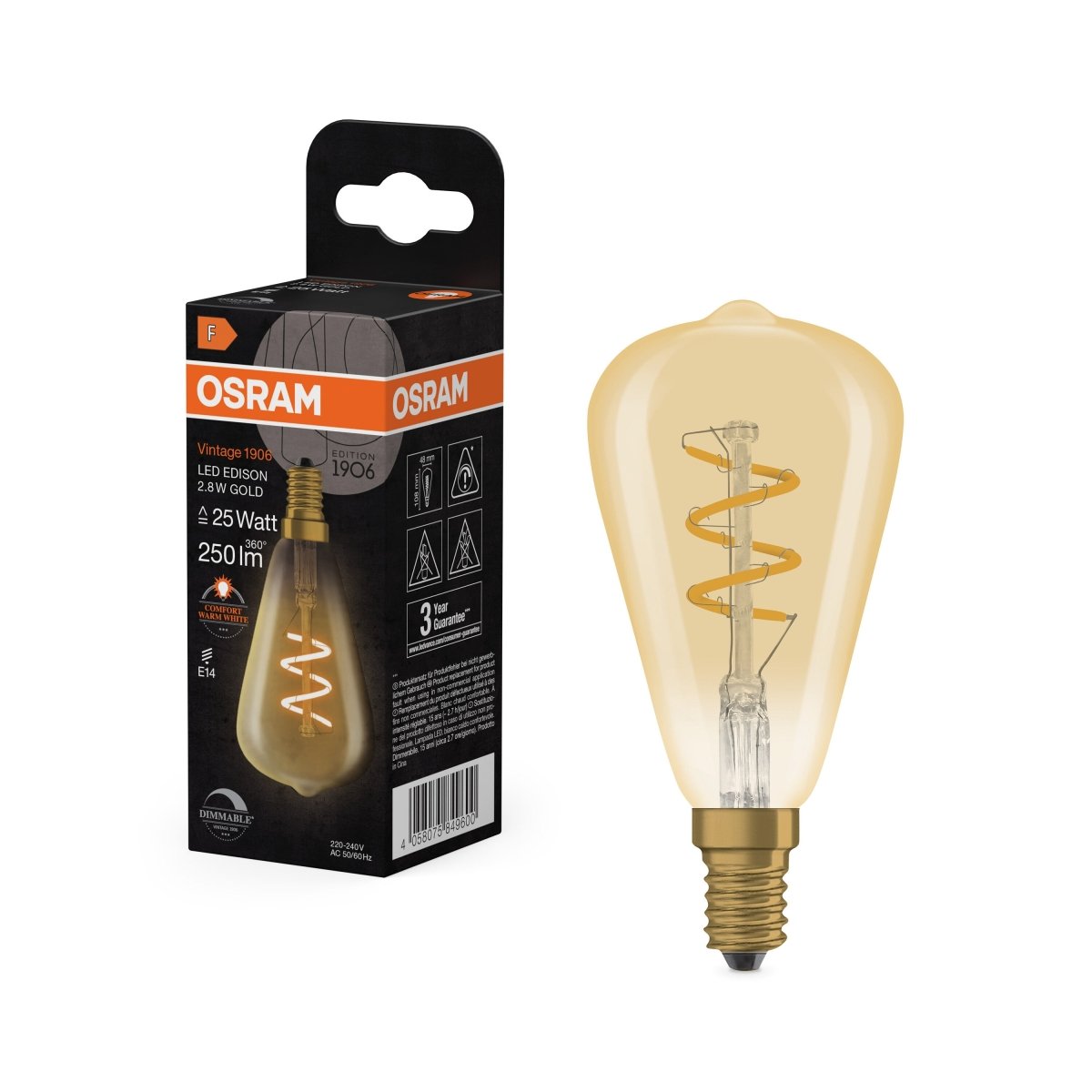 4058075849600 - Vintage LED žárovka 1906 Edison Spiral Filament DIM, 2.8W, Teplá bílá, Zlatá, E14 - Czechia LEDVANCE e - shop