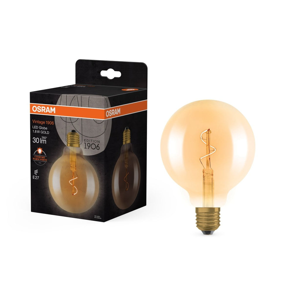 Vintage LED žárovka 1906 Globe 95 Spiral Filament, 1.8W, Teplá bílá, Zlatá, E27