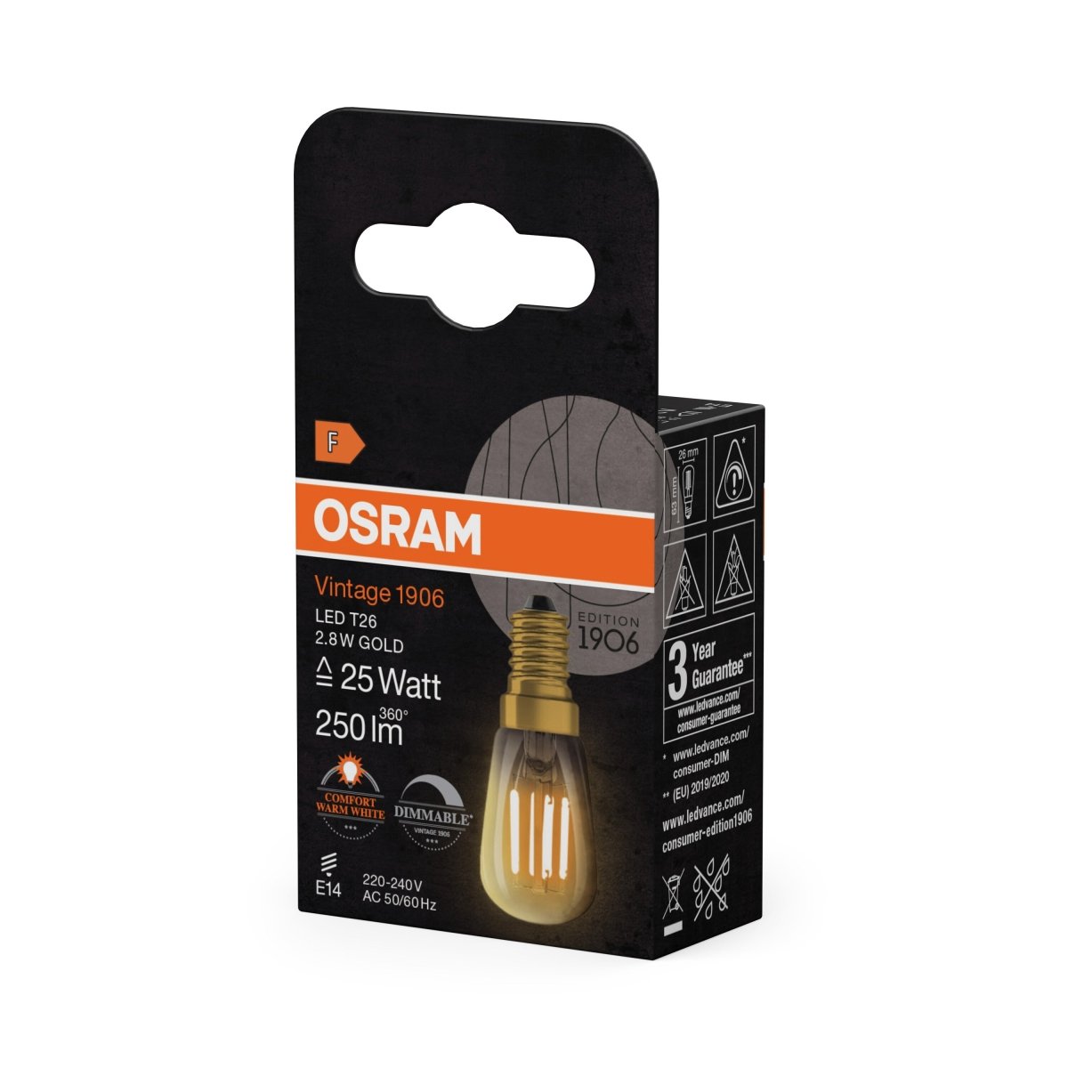 4058075849648 - Vintage LED žárovka 1906 T26 25 Filament DIM, 2.8W, Teplá bílá, Zlatá, E14 - Czechia LEDVANCE e - shop