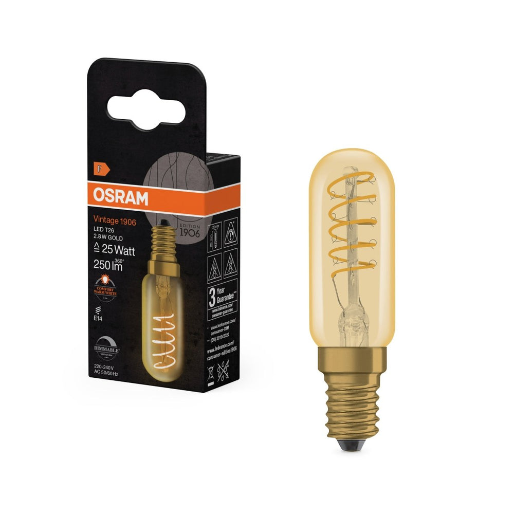 Vintage LED žárovka 1906 T26 25 Spiral Filament DIM, 2.8W, Teplá bílá, Zlatá, E14