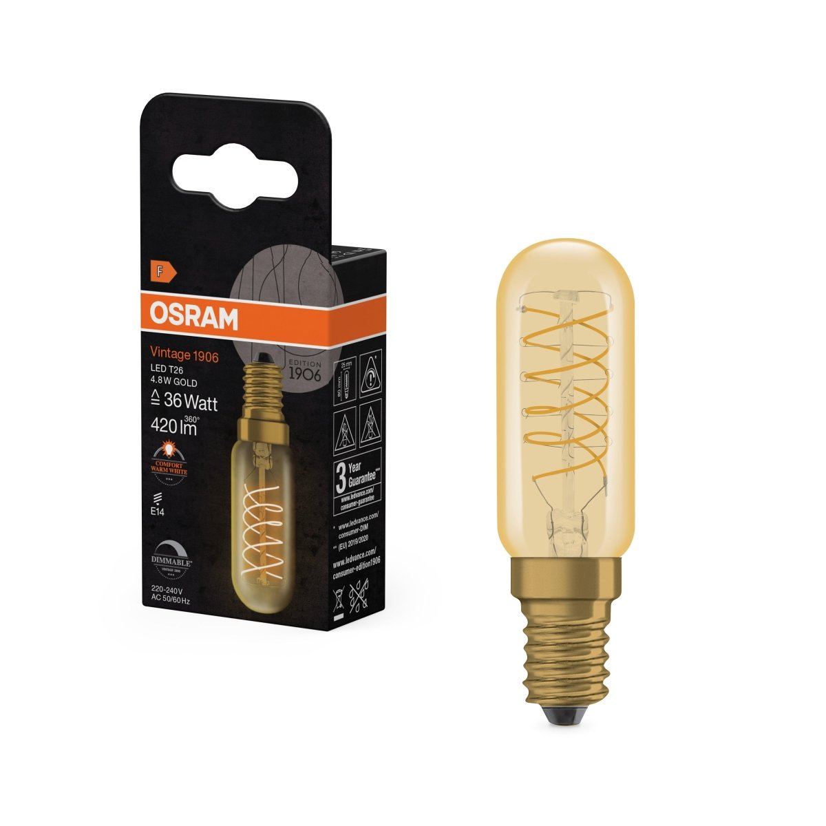 4058075849686 - Vintage LED žárovka 1906 T26 36 Spiral Filament DIM, 4.8W, Teplá bílá, Zlatá, E14 - Czechia LEDVANCE e - shop