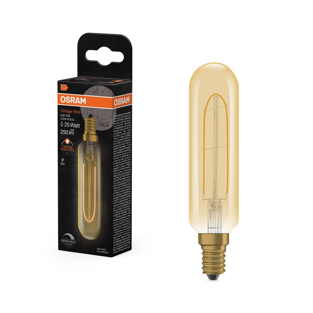 Vintage LED žárovka 1906 T28 25 Filament DIM, 2.8W, Teplá bílá, Zlatá, E14