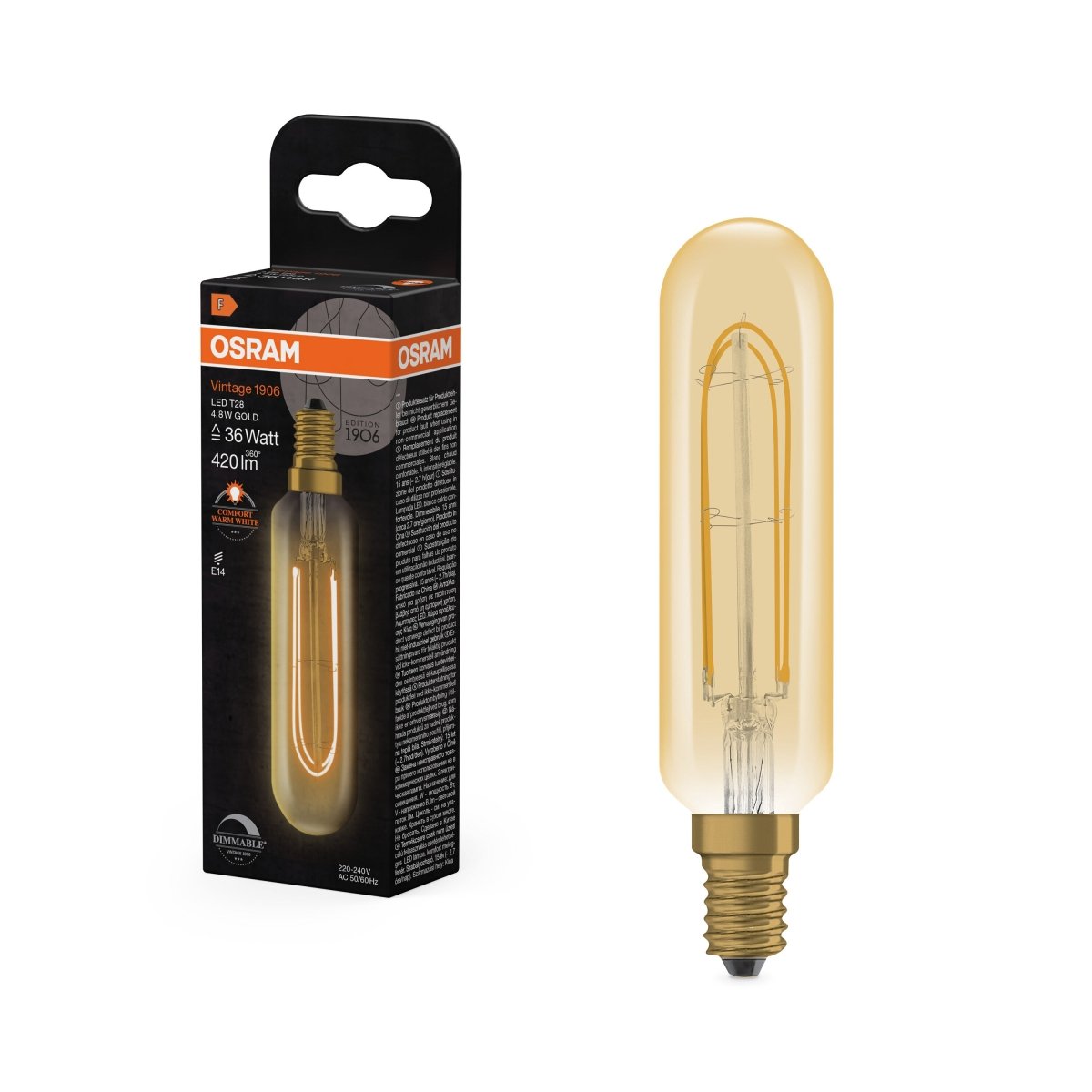 4058075849761 - Vintage LED žárovka 1906 T28 36 Filament DIM, 4.8W, Teplá bílá, Zlatá, E14 - Czechia LEDVANCE e - shop