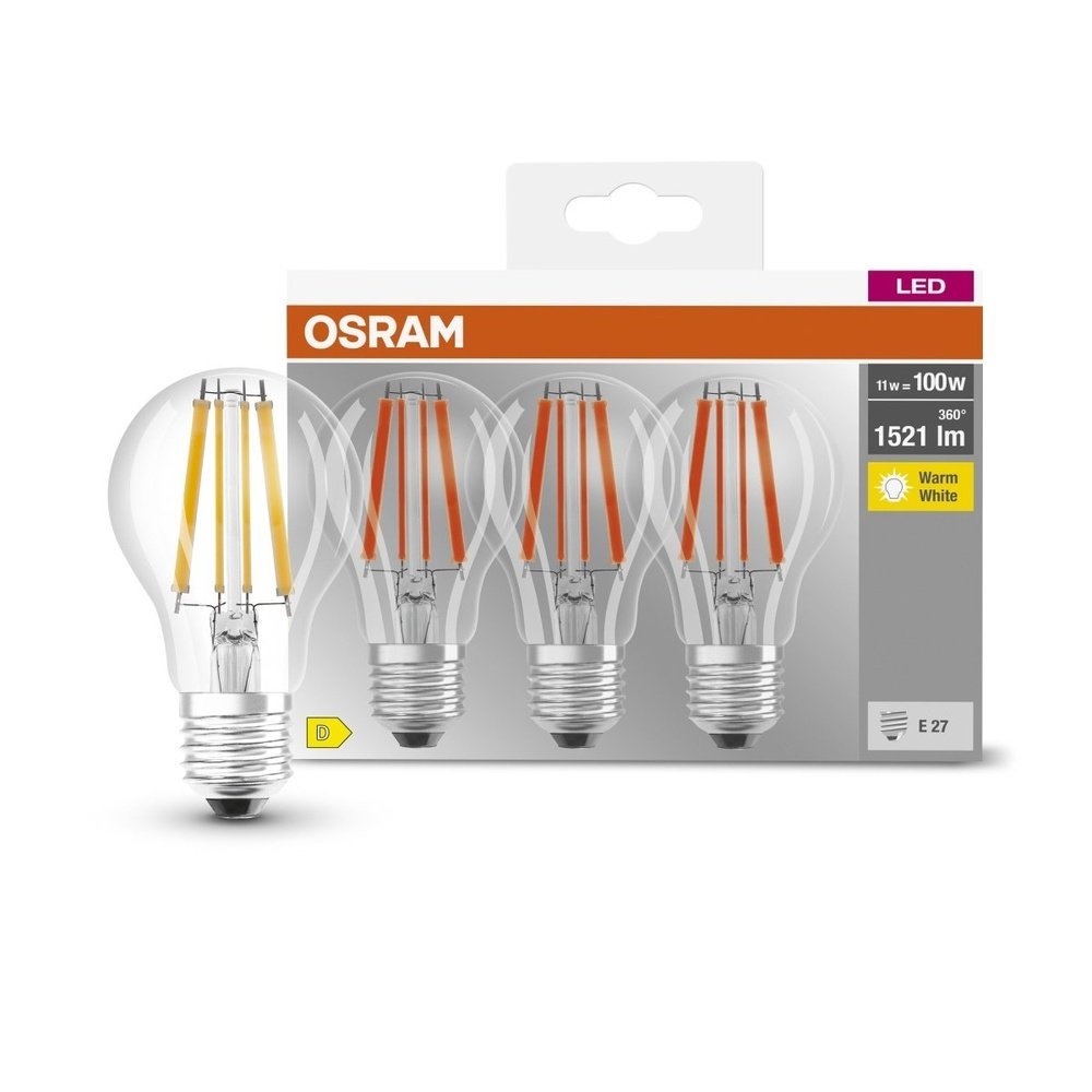 3 ks průhledná LED žárovka E27 11 W CLASSIC A, teplá bílá