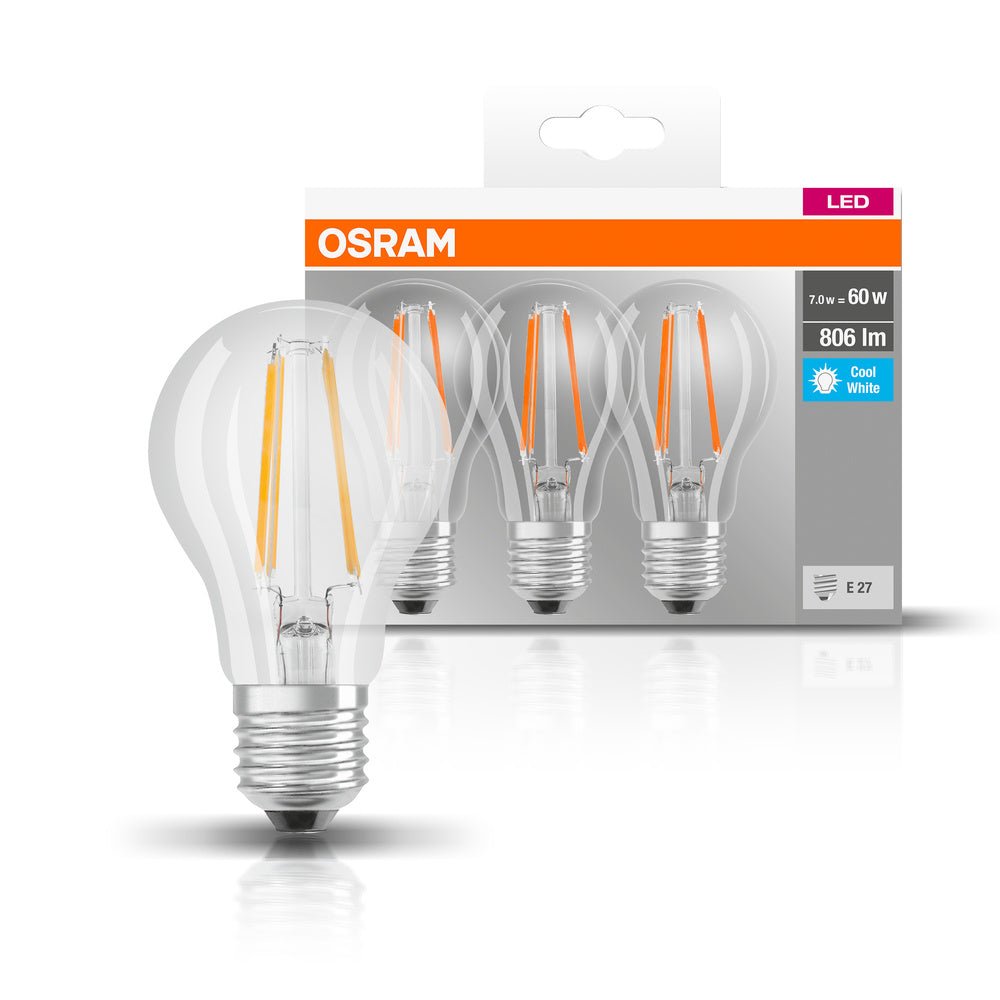 3 ks průhledná LED žárovka E27 6,5 W BASE studená bílá