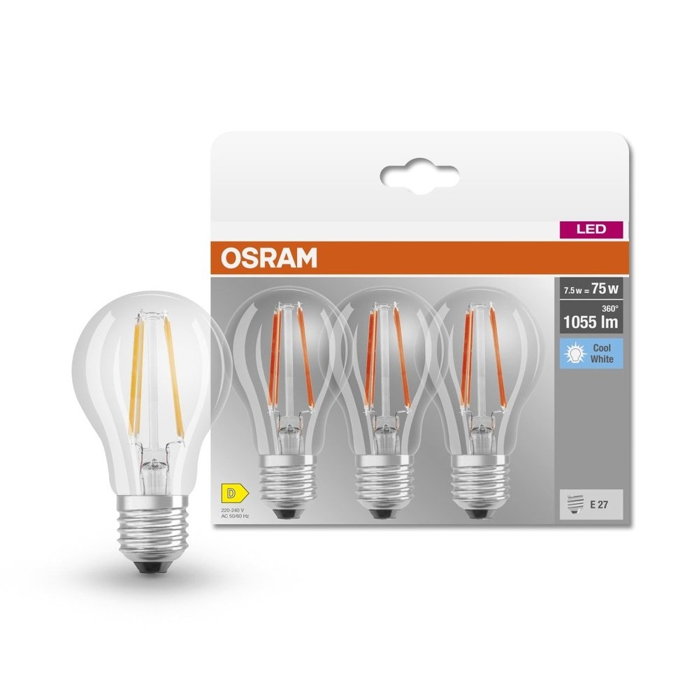 3 ks průhledná LED žárovka E27 7,5 W CLASSIC A, studená bílá