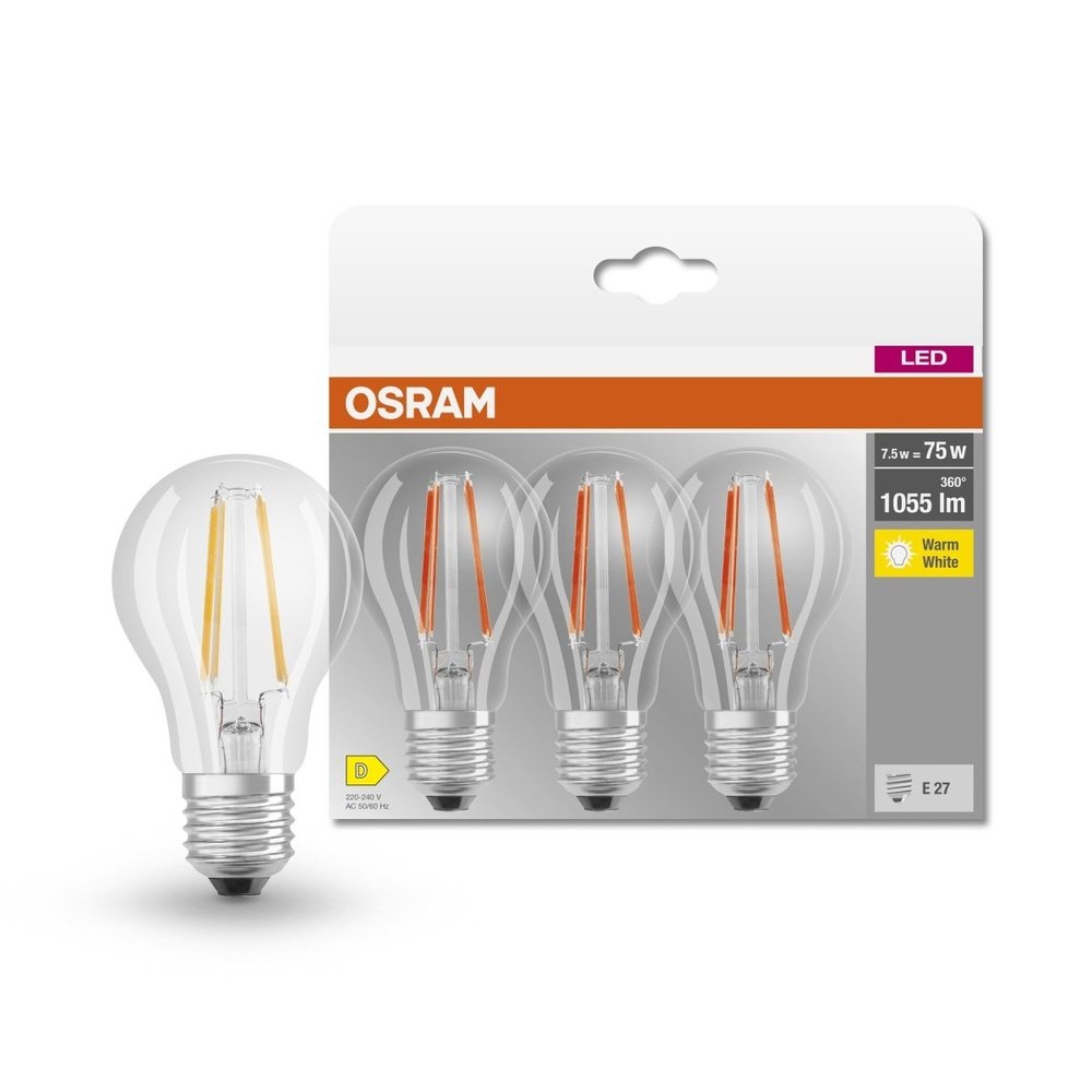 3 ks průhledná LED žárovka E27 7,5 W CLASSIC A, teplá bílá