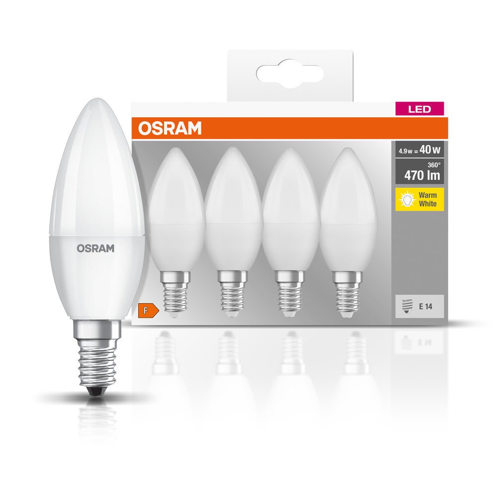4058075819474 - 4 ks matná LED žárovka svíčka E14 4,9 W BASE teplá bílá - Žárovka - LEDVANCE e-shop