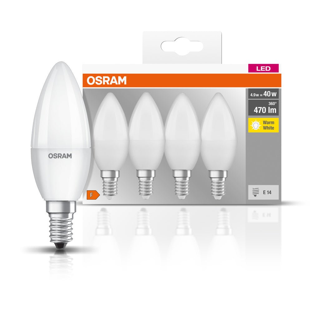 4 ks matná LED žárovka svíčka E14 4,9 W BASE teplá bílá