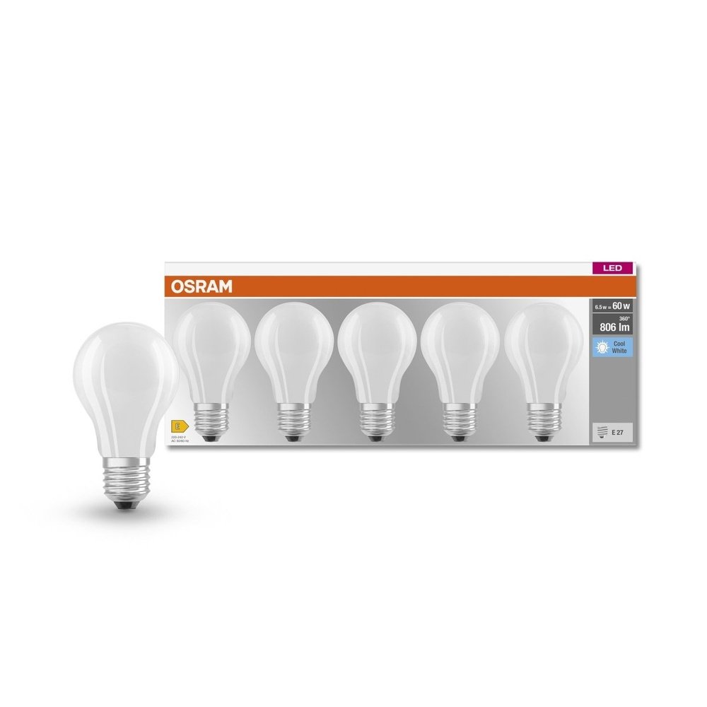 5 ks LED matná žárovka E27 6,5 W CLASSIC A, studená bílá