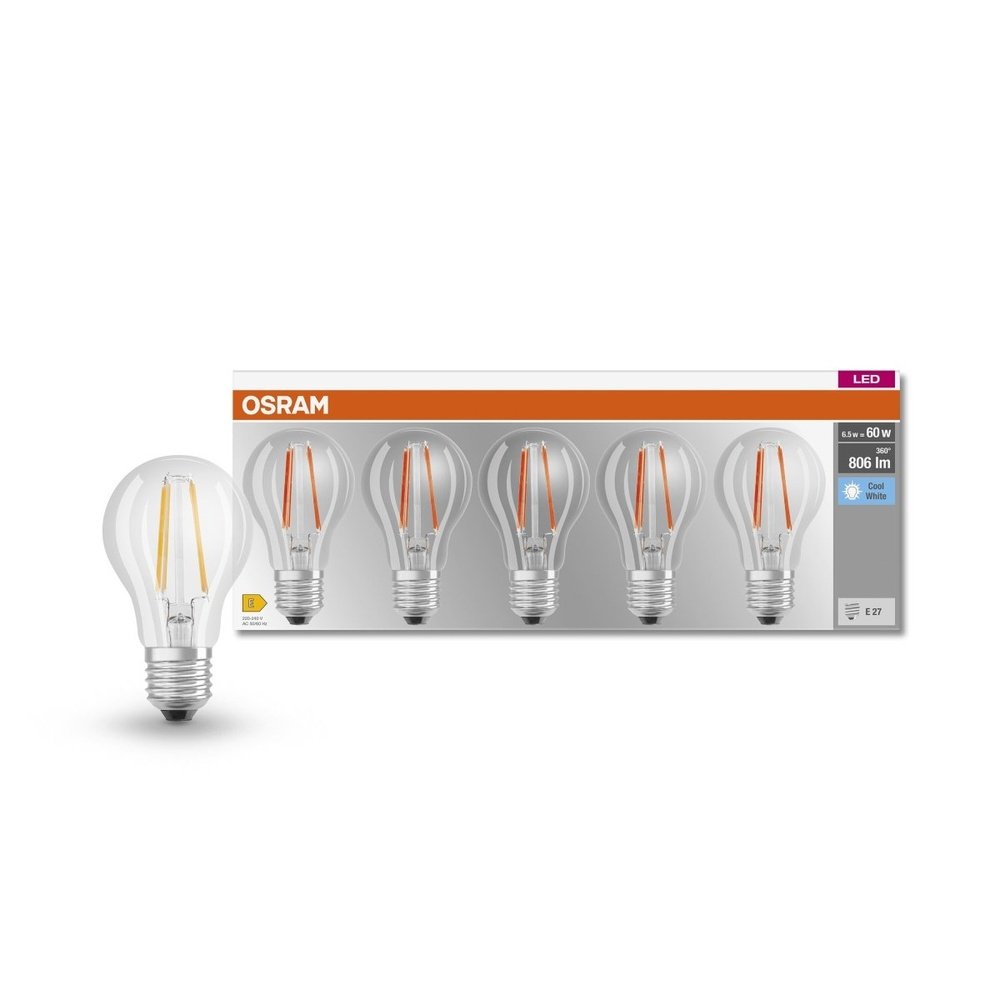 5 ks LED průhledná žárovka E27 6,5 W CLASSIC A, studená bílá